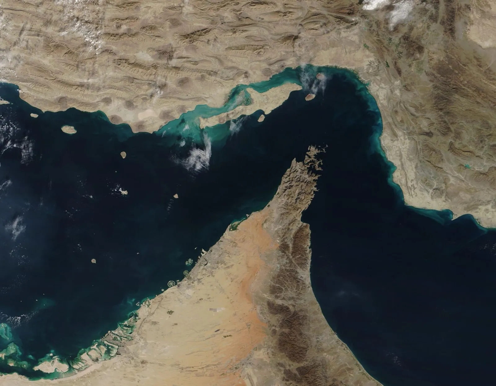 Satellite view of the Strait of Hormuz, the narrow sea passage between Iran and the Musandam Peninsula of Oman