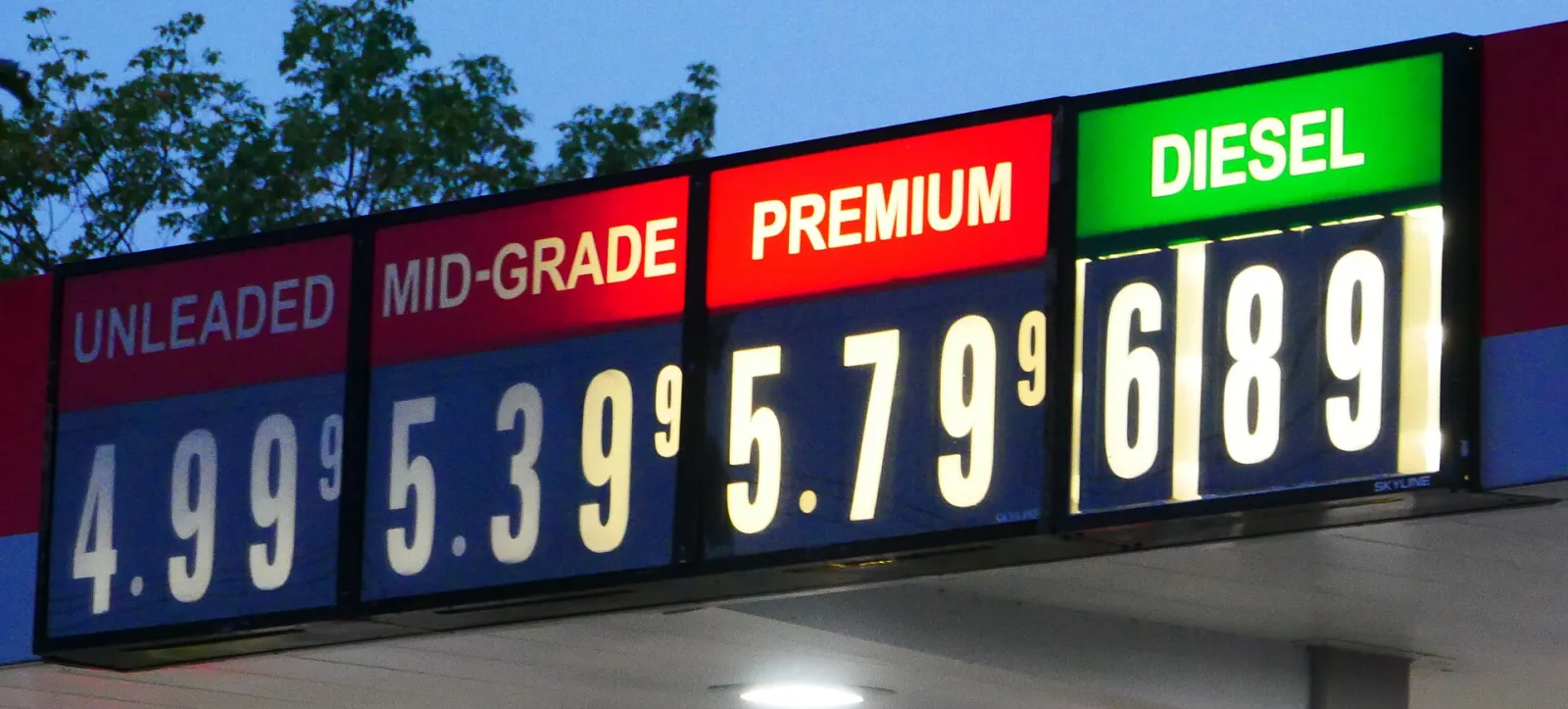 A gas station price board in Eugene, Oregon, on 26 September 2026 showing premium gasoline at $5.79 a gallon